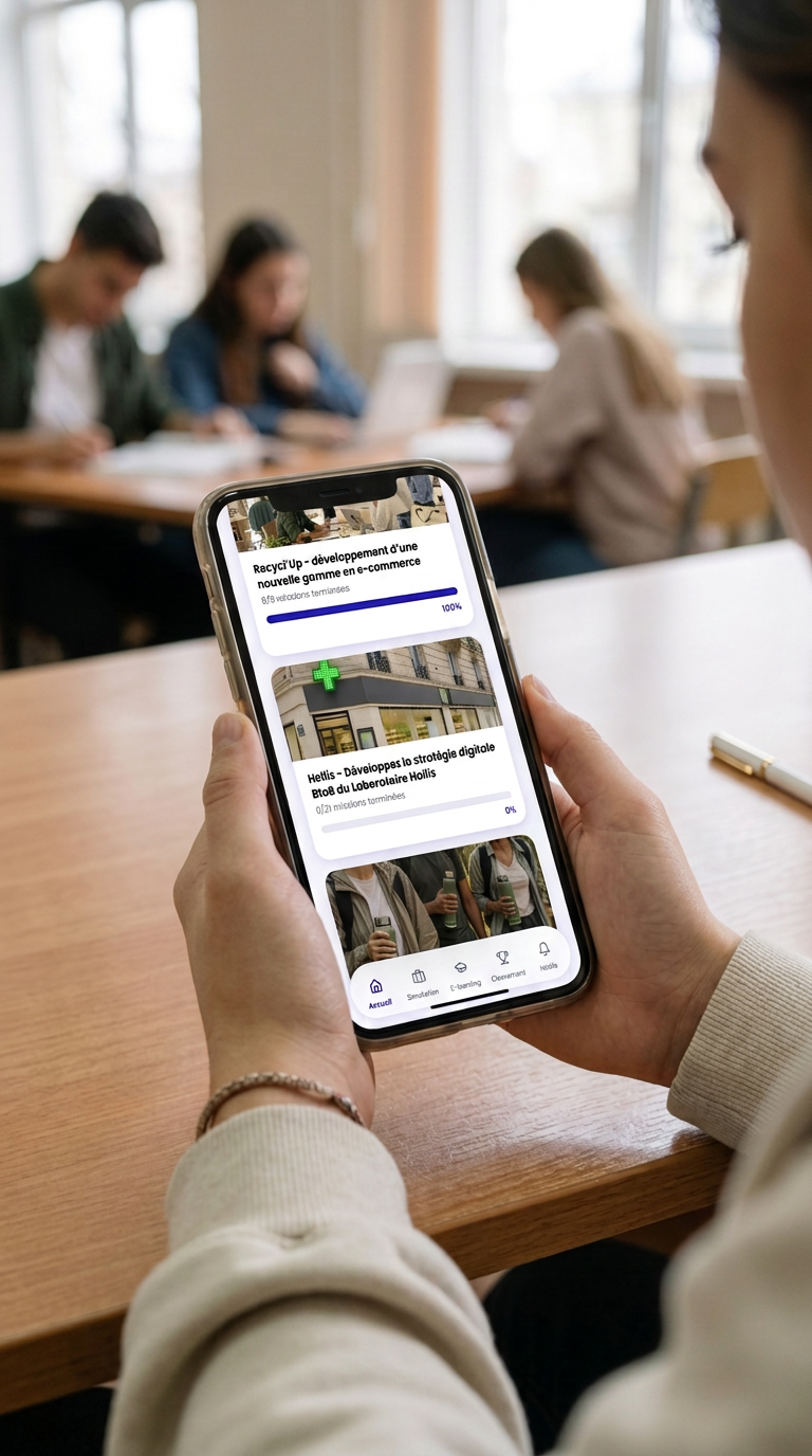 Étudiante consultant des simulations de cas d'entreprise sur son téléphone