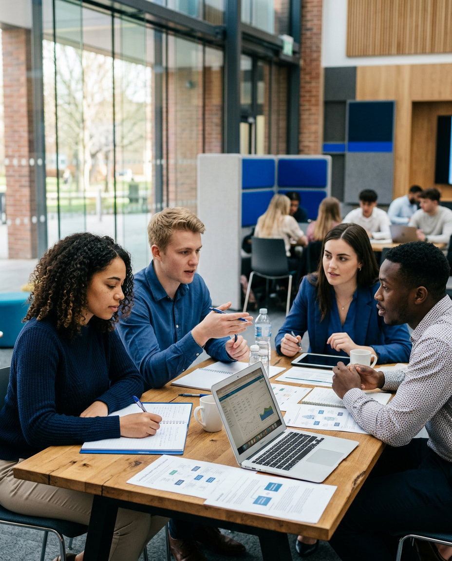 Étudiants en école de commerce collaborant sur une étude de cas d'entreprise lors d'un partiel gamifié