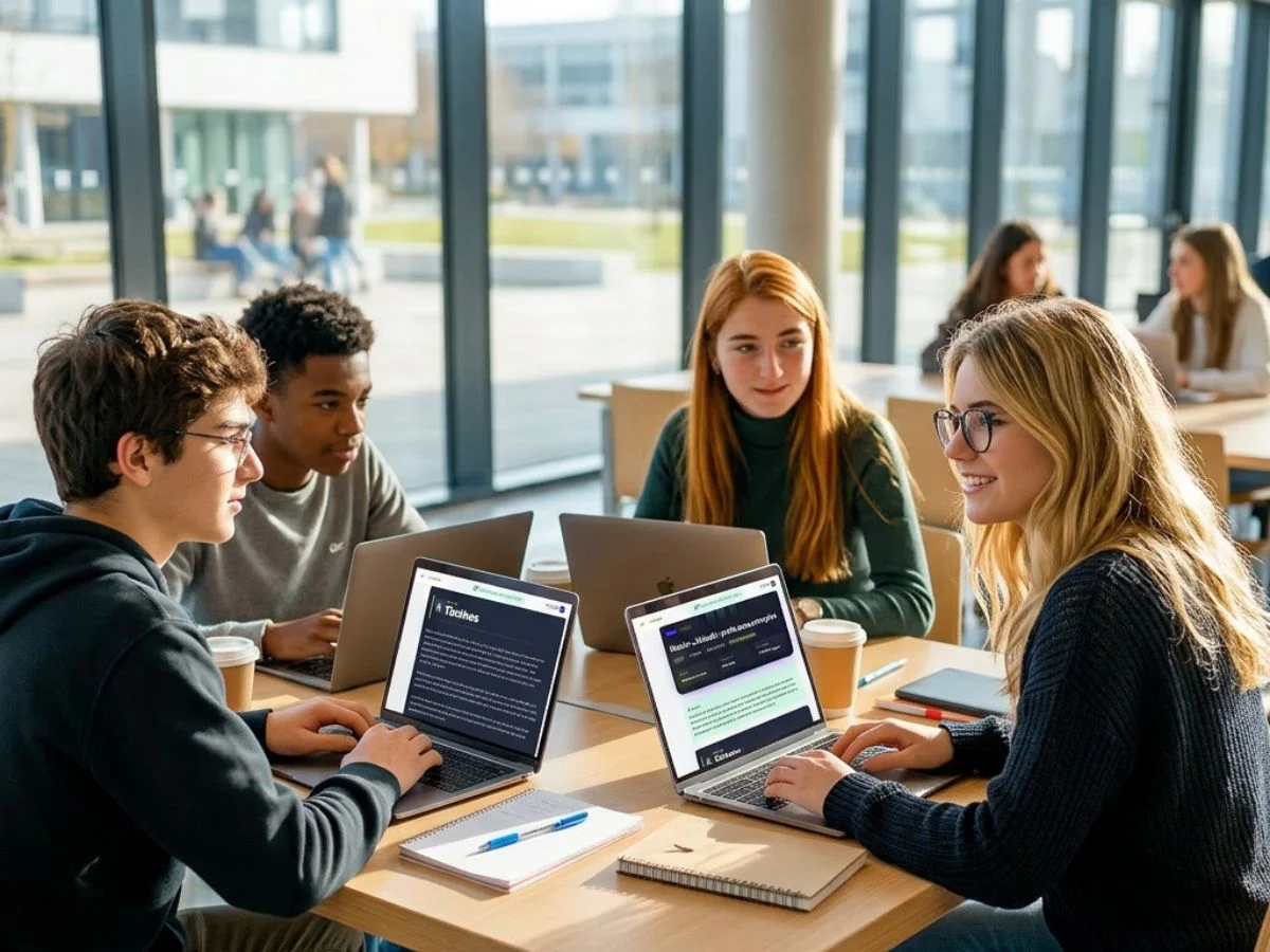 Étudiants en travail collaboratif autour d'ordinateurs lors d'une simulation de cas d'entreprise