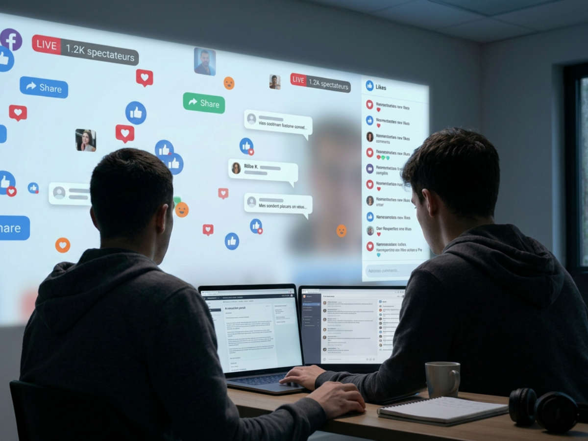 Étudiants analysant les interactions en direct sur les réseaux sociaux