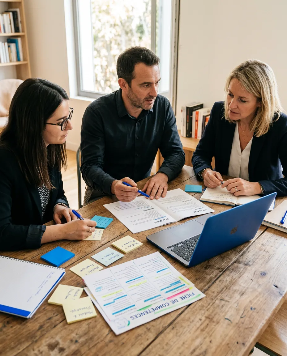 Équipe pédagogique collaborant sur un syllabus et des fiches de compétences autour d'une table
