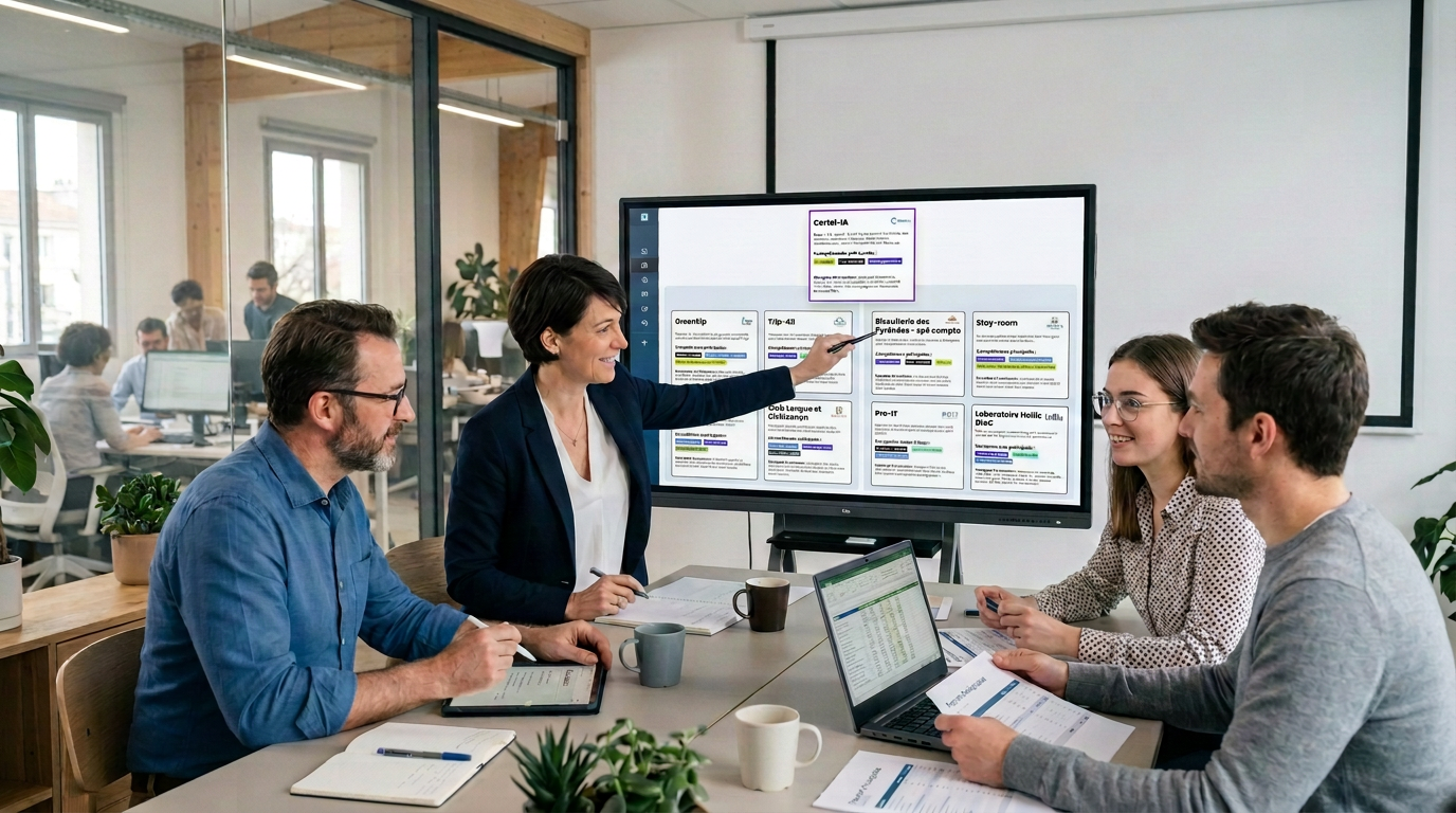 Réunion collaborative autour d'une simulation de cas d'entreprise