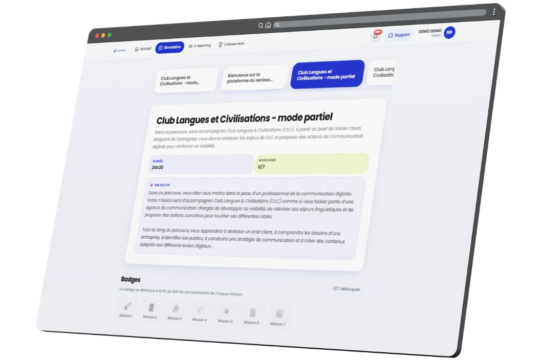 Interface d'une simulation de cas d'entreprise présentant les missions et la progression des étudiants