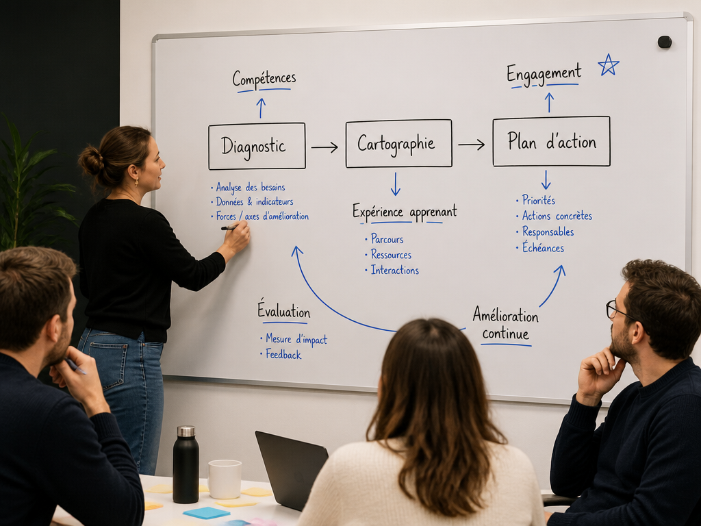 Équipe pédagogique en atelier devant un tableau blanc structurant un parcours : Diagnostic, Cartographie, Plan d'action