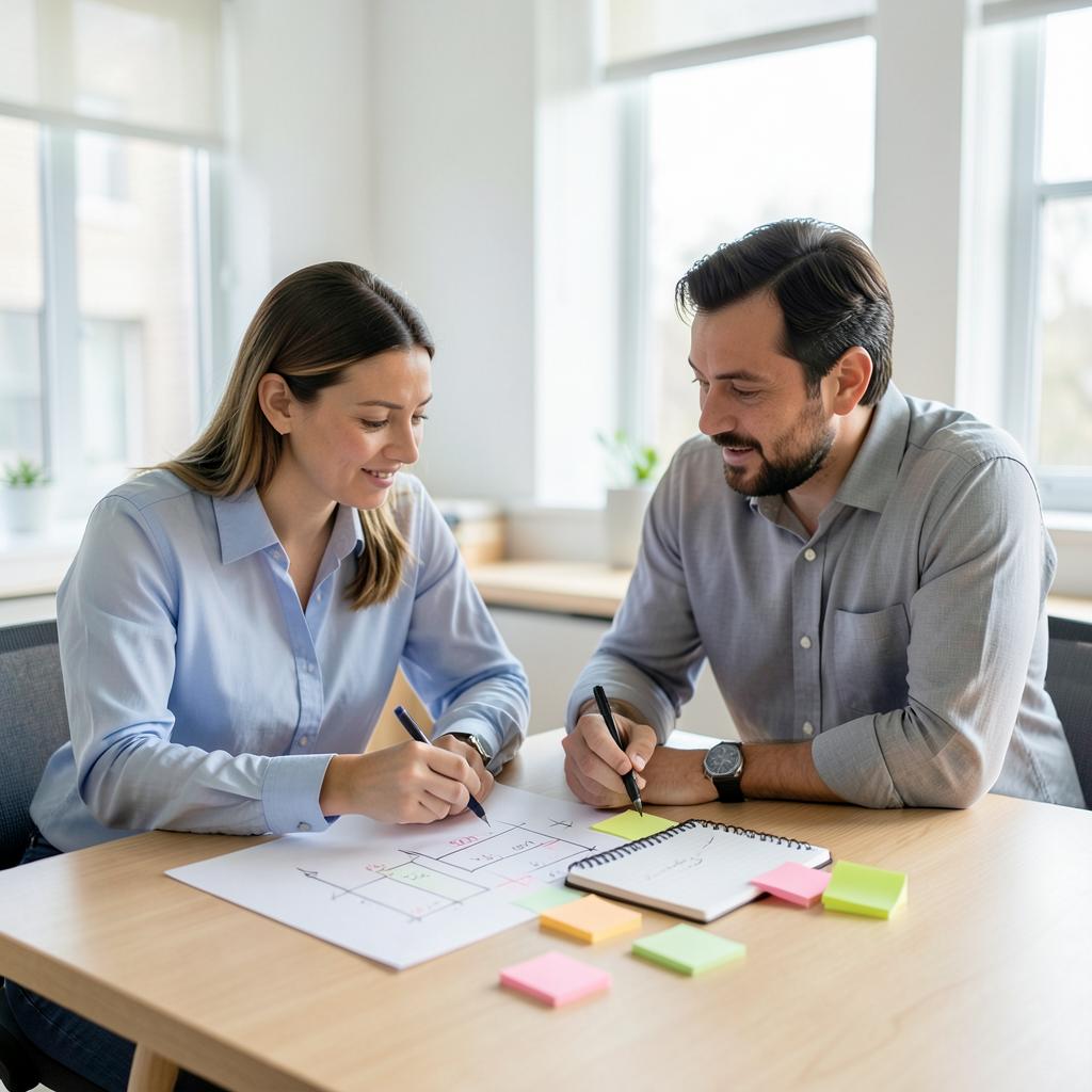 Deux professionnels de l'éducation échangeant sur un projet pédagogique autour de post-it colorés