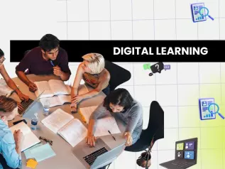 Illustration d’un parcours digital learning avec contenus en ligne, suivi de progression et accompagnement formateur.