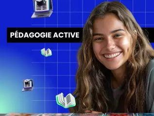 Illustration d’étudiants actifs en atelier collaboratif avec un formateur qui anime une activité pédagogique interactive.