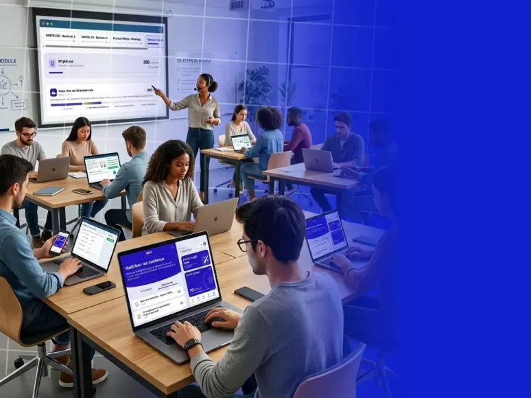 Montrer des étudiants engagés sur DozUp, sur ordinateur et mobile, avec une équipe pédagogique qui suit leur progression depuis un tableau de bord. L’image doit illustrer une plateforme de blended learning qui structure les parcours, engage les étudiants et aide l’école à mieux organiser ses heures pédagogiques.